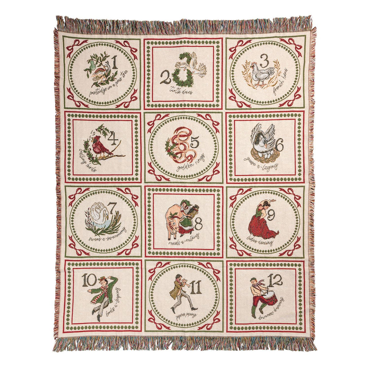 12 Days of Christmas woven jacquard blanket with vintage holiday illustrations and fringe trim