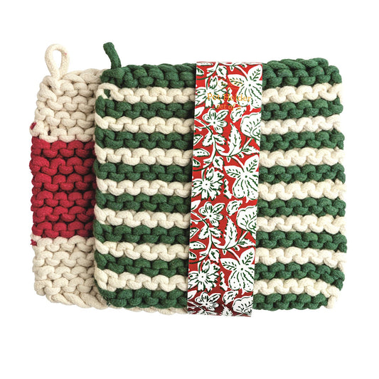 Mud Pie chunky knit Christmas pot holder in red and cream stripes with green coordinating pot holder, festive holiday kitchen accessory.