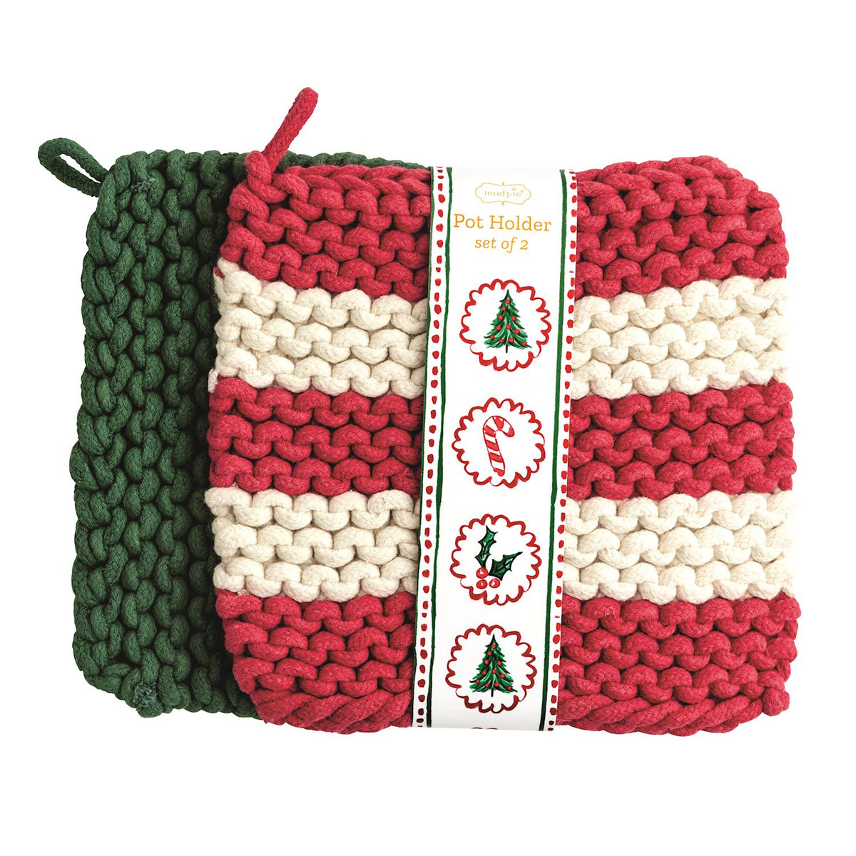 Mud Pie chunky knit Christmas pot holder in green and cream stripes with red and cream coordinating pot holder, festive holiday kitchen accessory.