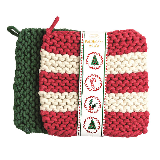 Mud Pie chunky knit Christmas pot holder in green and cream stripes with red and cream coordinating pot holder, festive holiday kitchen accessory.