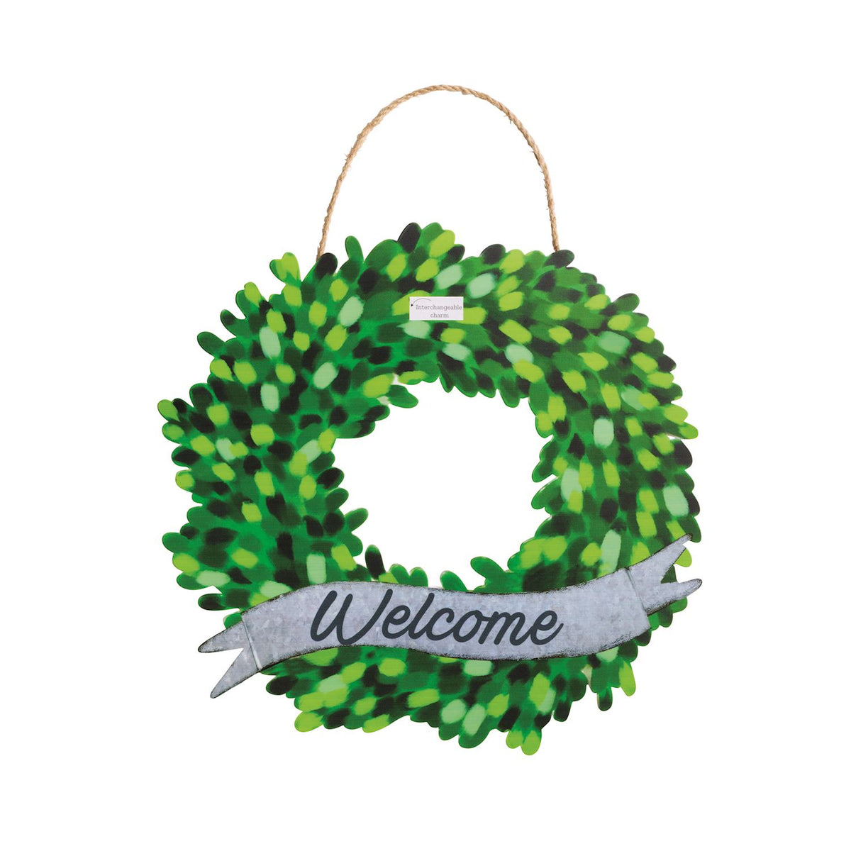 20 inch Welcome tin interchangeable seasonal wreath with green foliage design