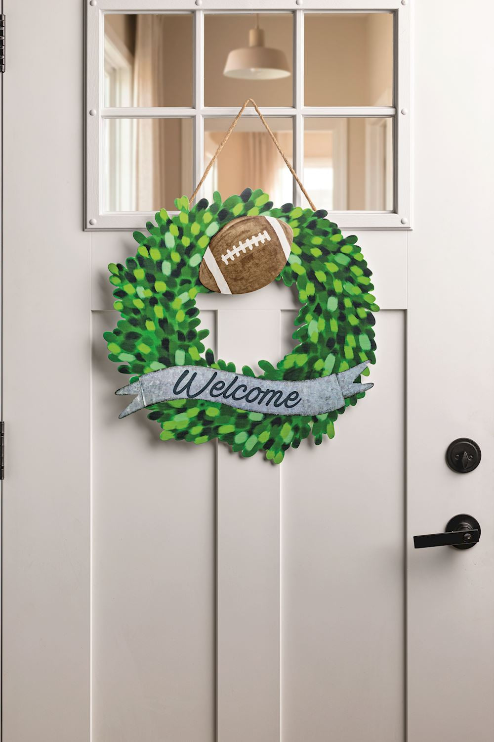 Football interchangeable wreath attachment for seasonal front door decor