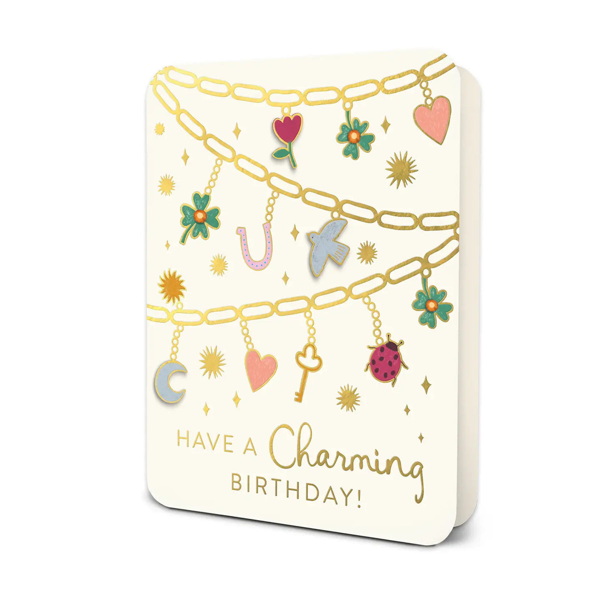 Charming Birthday Deluxe Greeting Card with colorful charm bracelet artwork and gold foil