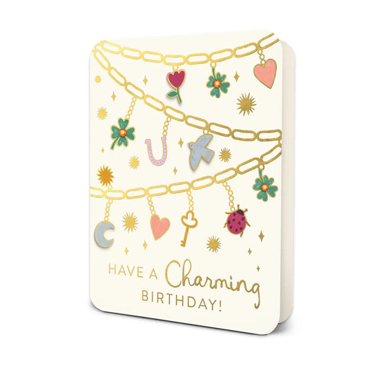 Charming Birthday Deluxe Greeting Card with colorful charm bracelet artwork and gold foil