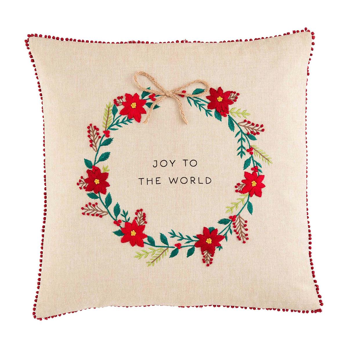 Wreath Poinsettia Embroidered Pillow