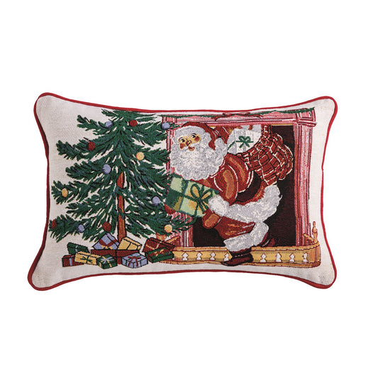 Mud Pie vintage Santa Christmas tapestry lumbar pillow with decorated Christmas tree, presents and red piping