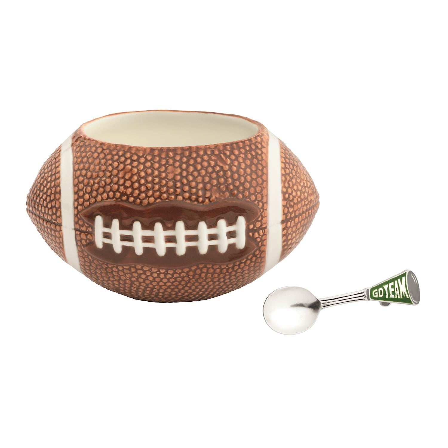Mud Pie football-shaped ceramic dip bowl with Go Team enamel spoon for game day entertaining
