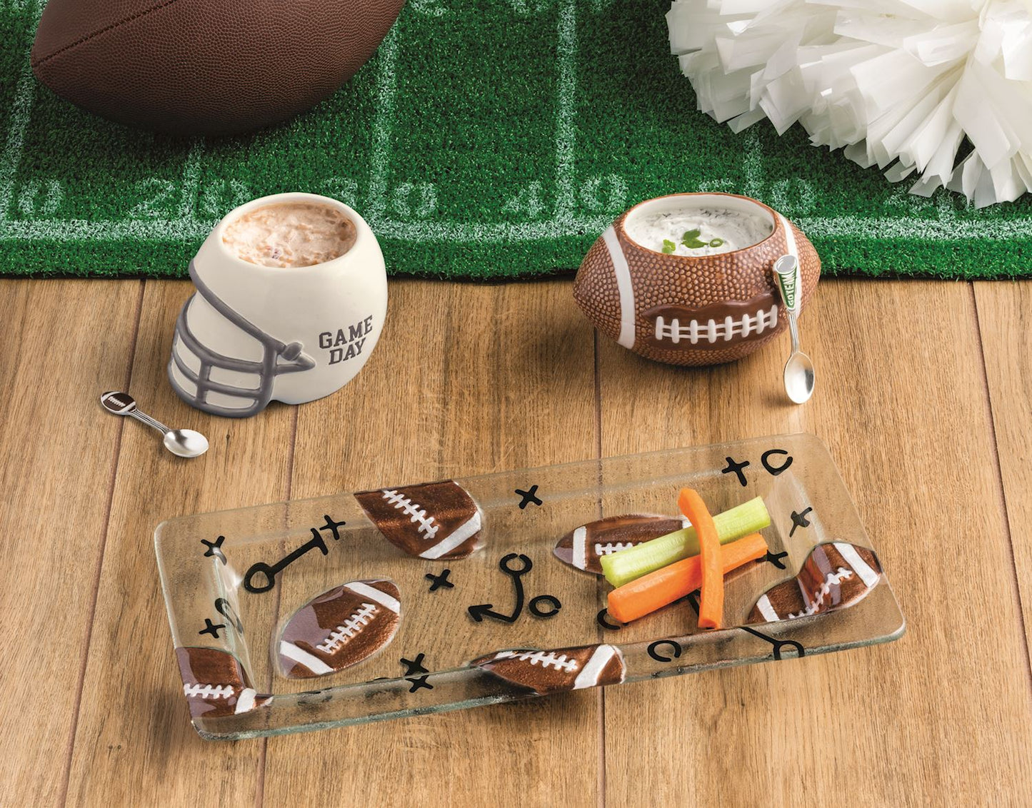 Mud Pie game day football serveware collection with football dip bowl, helmet dip bowl and football serving tray