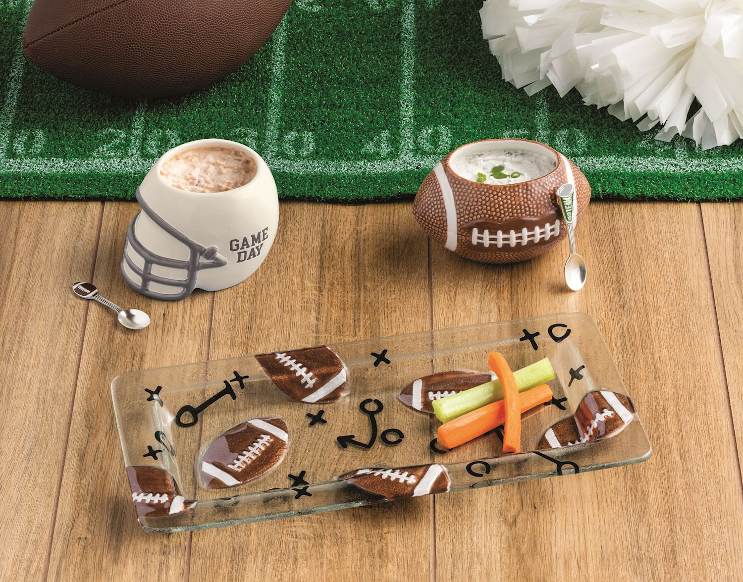 Mud Pie game day football serveware collection with football dip bowl, helmet dip bowl and football serving tray