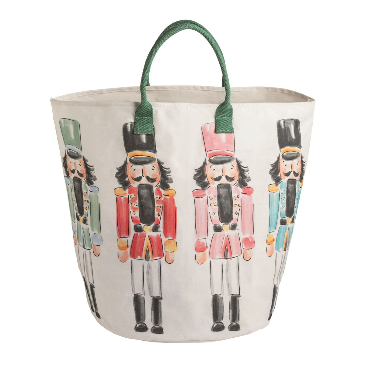 Mud Pie Nutcracker Soldiers Christmas canvas tote bag with colorful soldiers and green handles