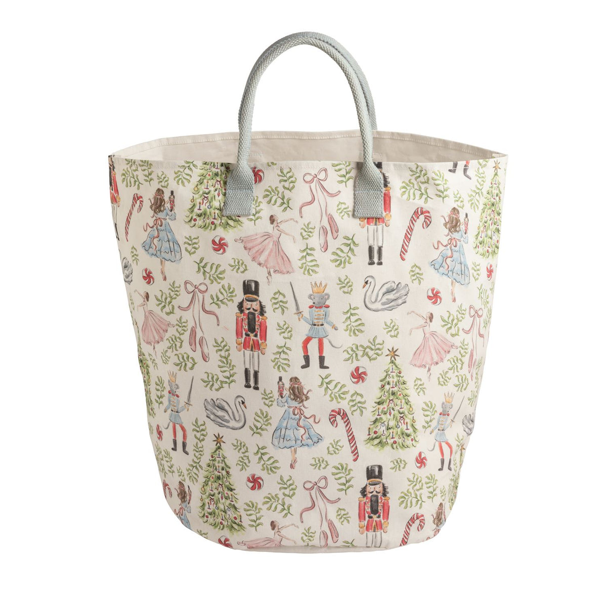 Mud Pie Nutcracker Ballet Christmas canvas tote bag with ballerinas, Christmas trees and blue handles