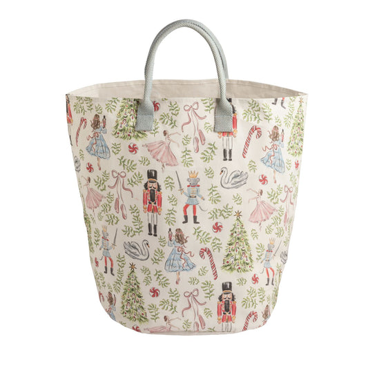 Mud Pie Nutcracker Ballet Christmas canvas tote bag with ballerinas, Christmas trees and blue handles