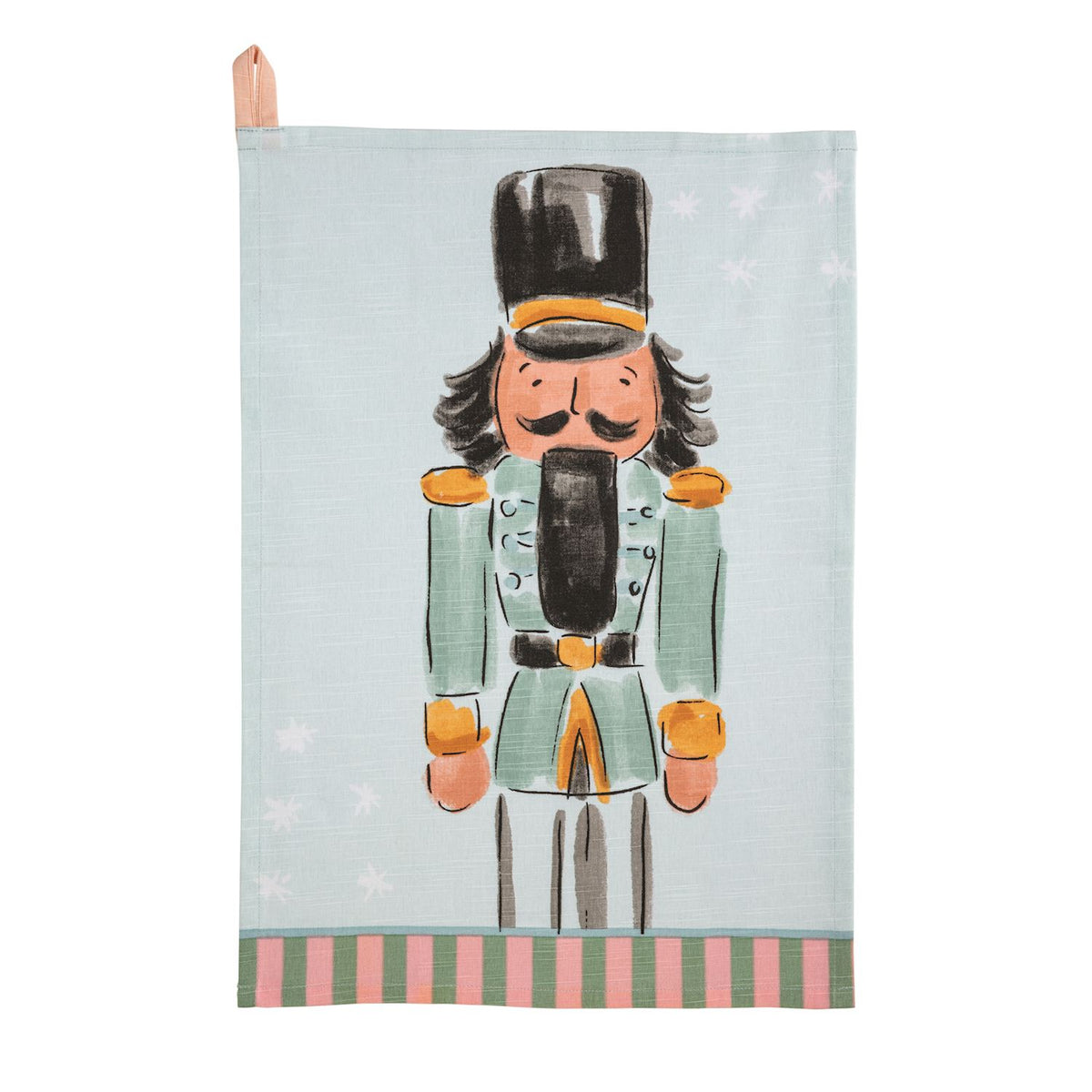 Mud Pie mint blue nutcracker cotton Christmas kitchen towel with coordinating striped hem