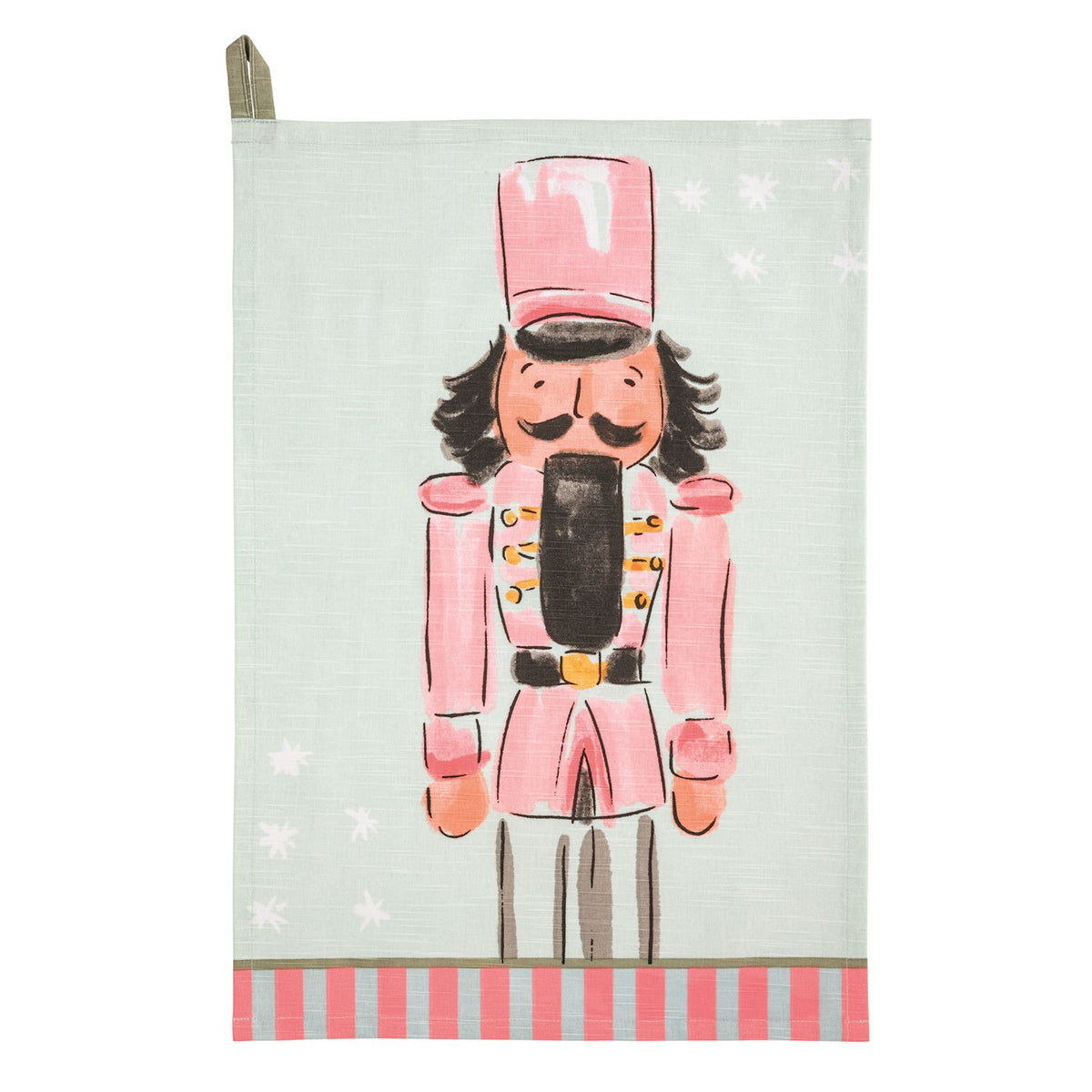 Mud Pie pink nutcracker Christmas hand towel with pale blue background and pink striped hem