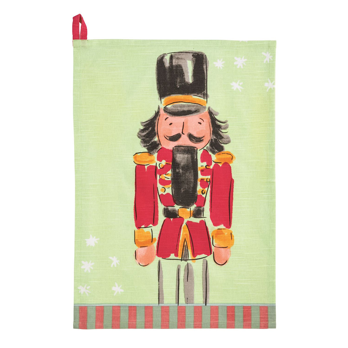 Mud Pie red nutcracker Christmas kitchen towel with light green background and striped hem