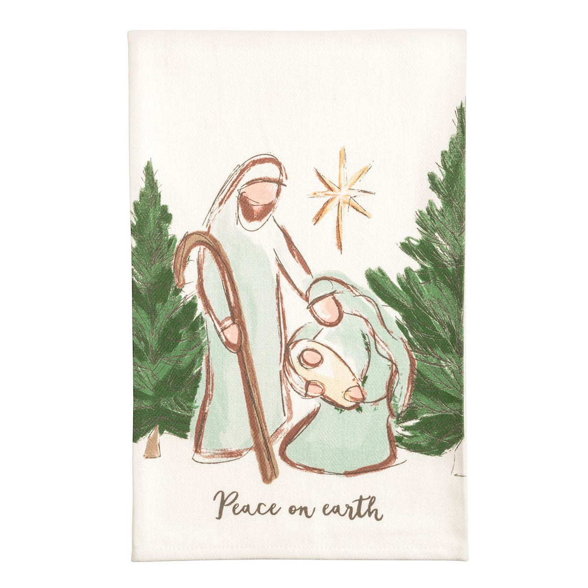 Mud Pie Peace on Earth Nativity Christmas kitchen towel with Mary Joseph and baby Jesus