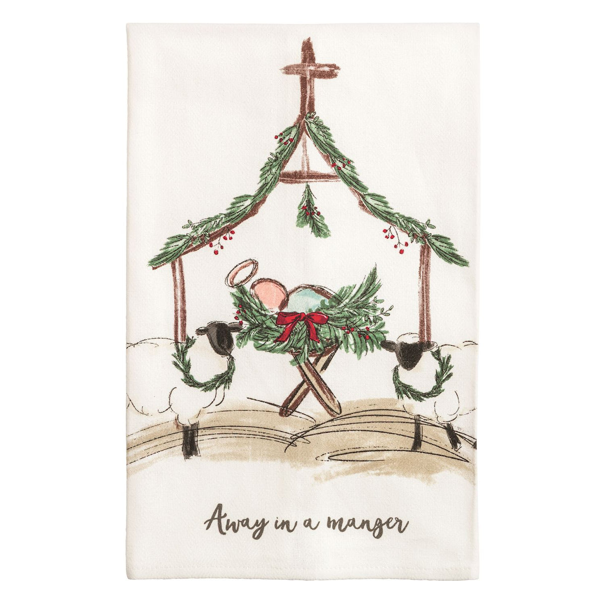 Mud Pie Away in a Manger Nativity Christmas kitchen towel with baby Jesus and lambs

