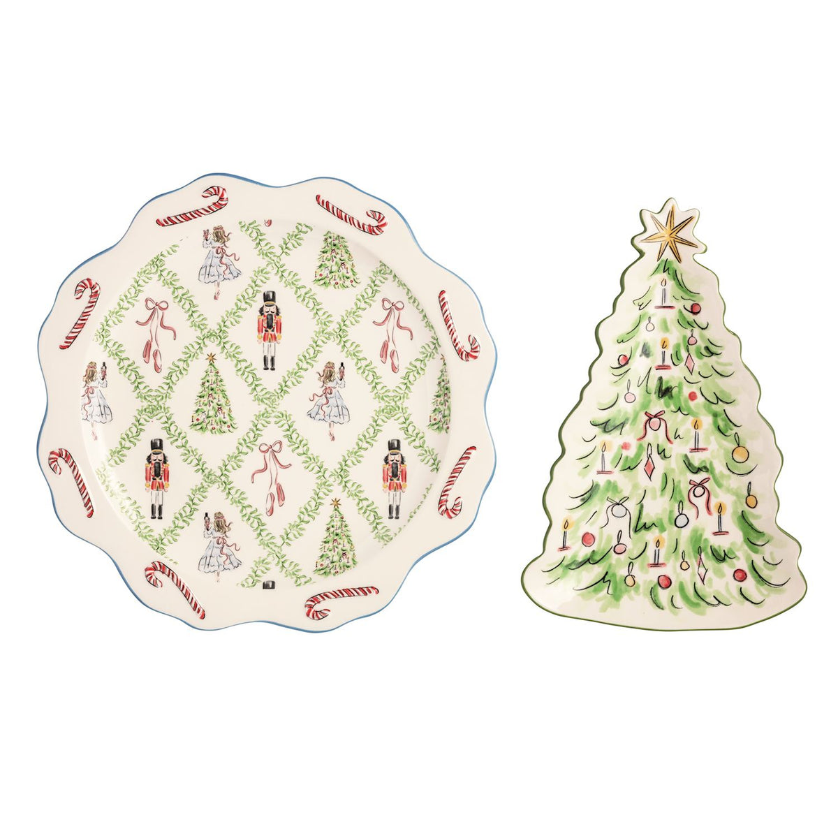 Mud Pie Nutcracker round Christmas platter and Christmas tree shaped serving platter sold separately