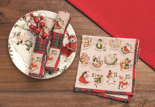 12 Days of Christmas cotton dinner napkin set of 4 with festive holiday designs for Christmas table decor