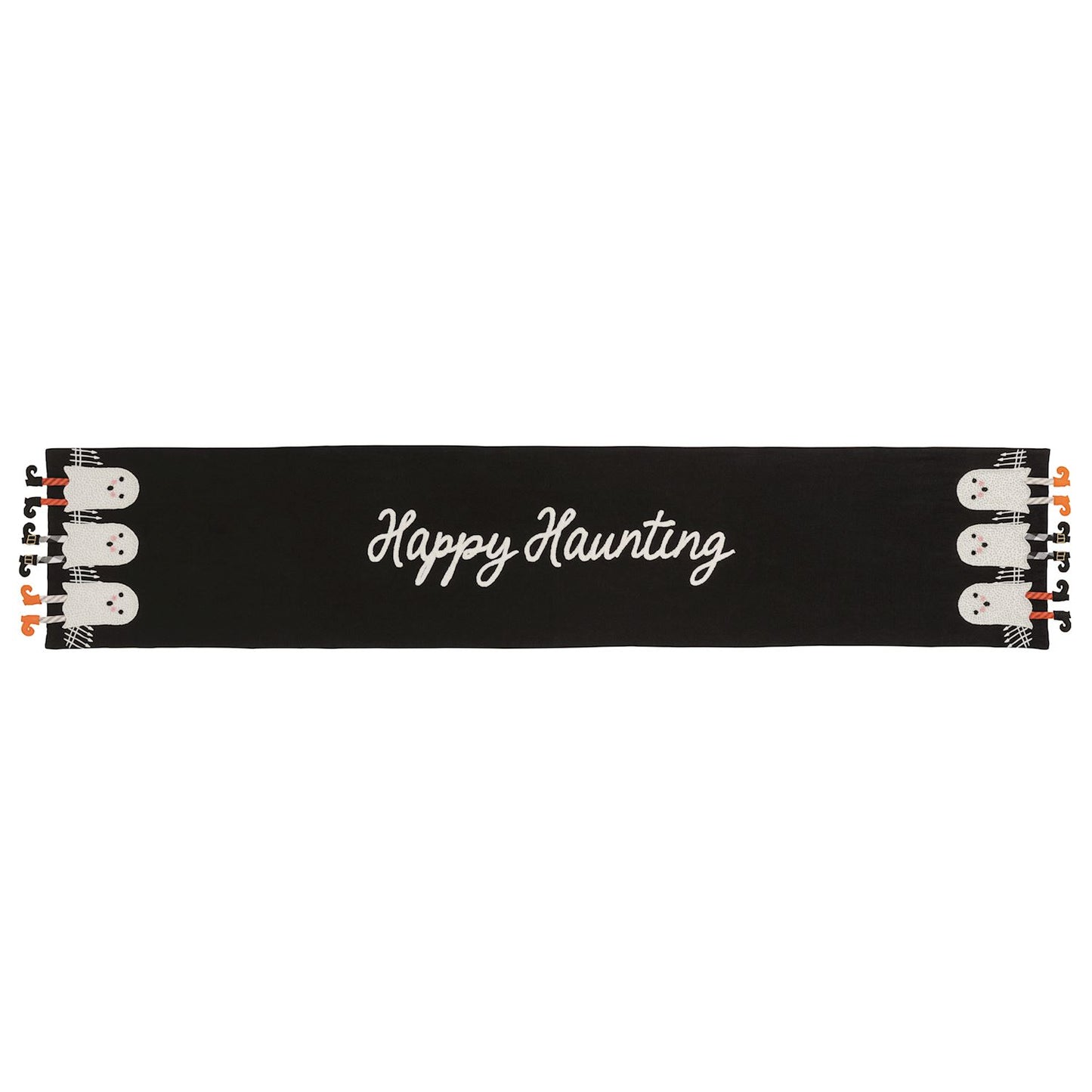 Mud Pie Happy Haunting black Halloween table runner with embroidered beaded ghosts and dangling knit legs