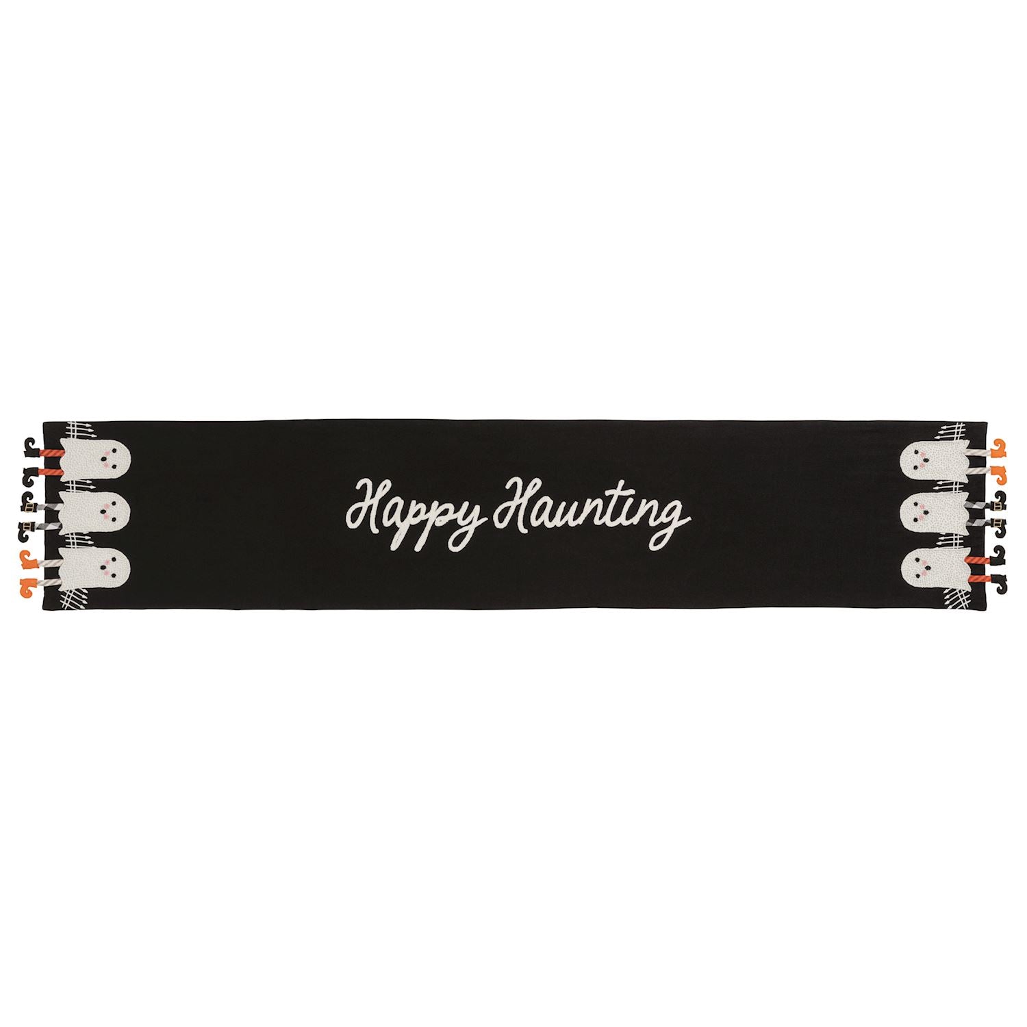 Mud Pie Happy Haunting black Halloween table runner with embroidered beaded ghosts and dangling knit legs