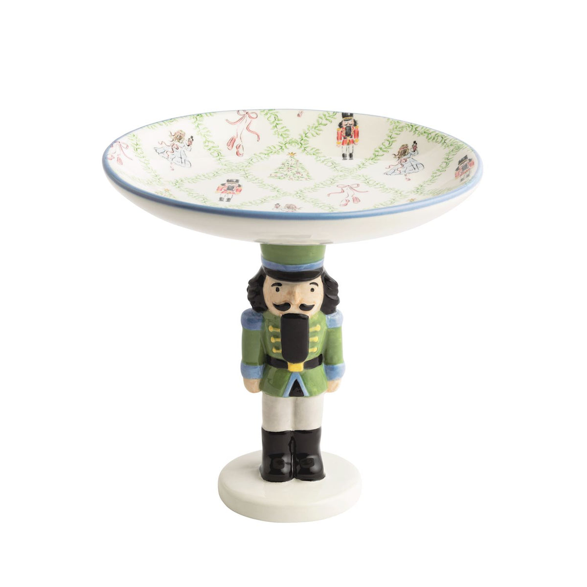 Mud Pie Green Nutcracker Christmas candy dish with hand-painted ceramic nutcracker pedestal and patterned holiday serving bowl.