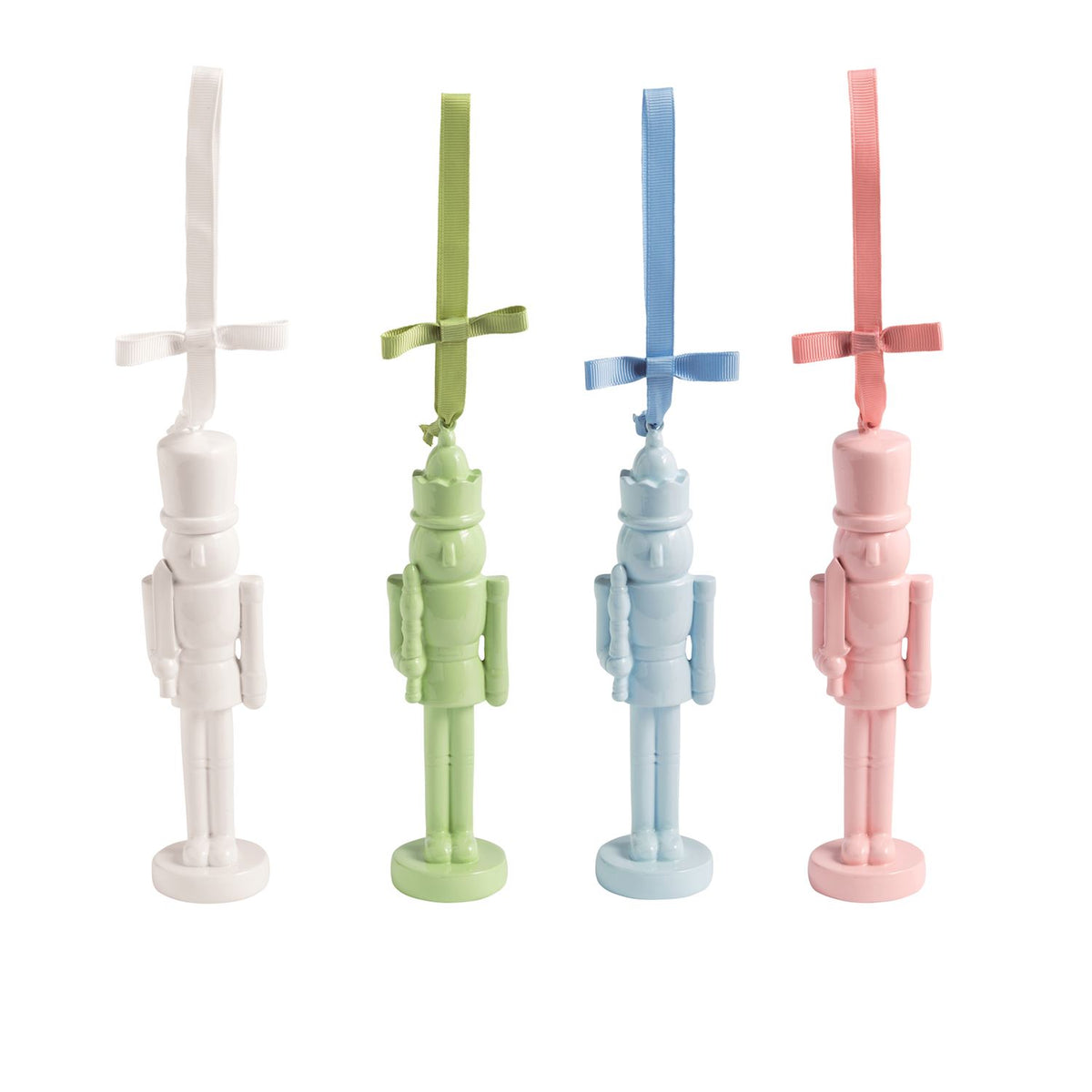 Mud Pie pastel lacquered nutcracker Christmas ornaments in white green light blue and pink