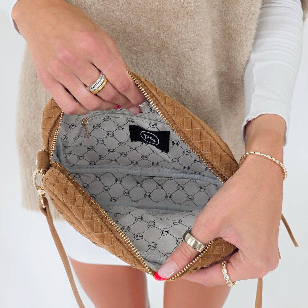 Interior of Willow tan woven faux suede crossbody bag with zip closure