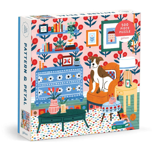 Galison Pattern and Petal 500 piece puzzle by Molly Egan with colorful room and dog
