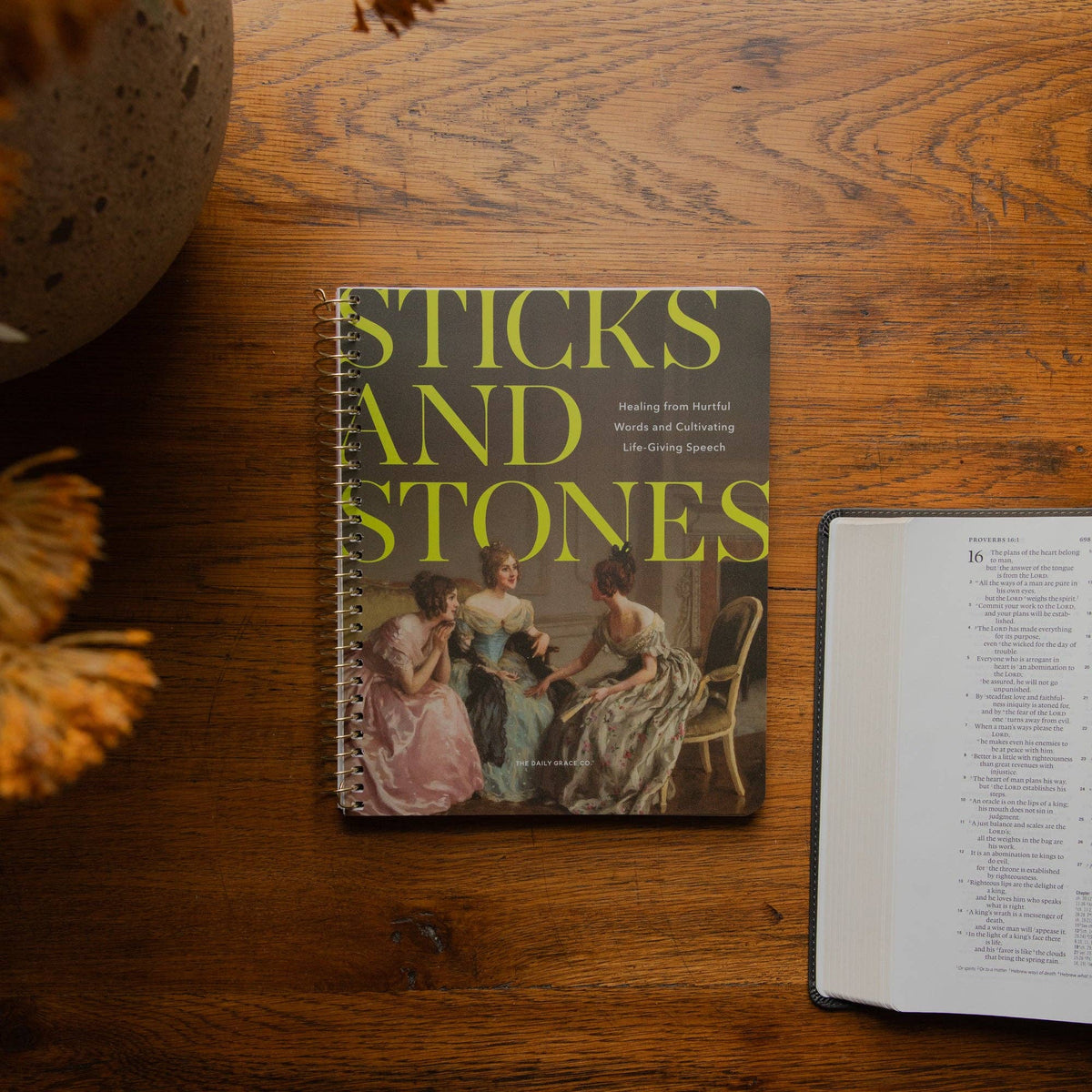 Sticks and Stones Bible Study by The Daily Grace Co. featuring vintage artwork and the subtitle Healing from Hurtful Words and Cultivating Life-Giving Speech.