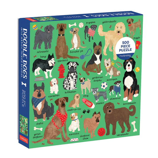 Mudpuppy Doodle Dogs 500 piece dog puzzle featuring 22 mixed breed dogs
