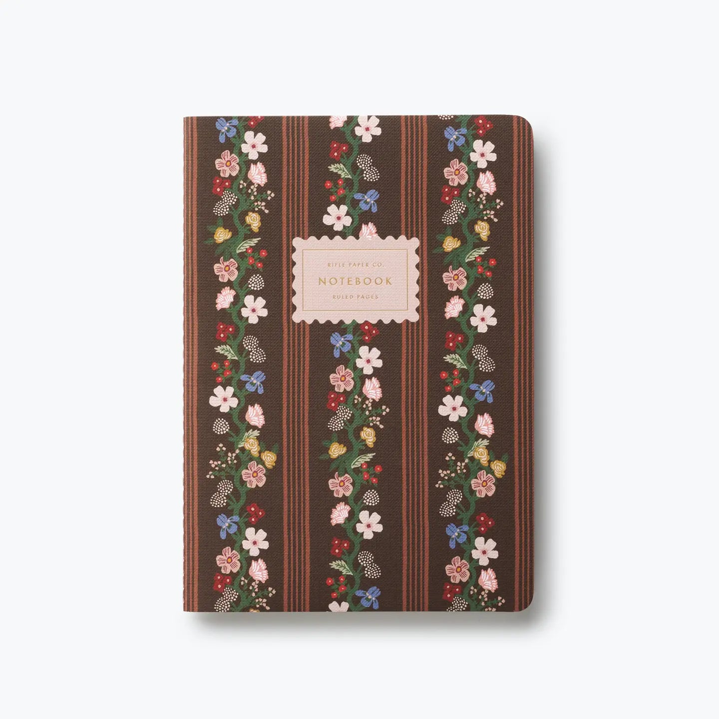 Rifle Paper Co. Paisley stitched notebook in Chocolate Garden brown floral pattern with gold foil accents