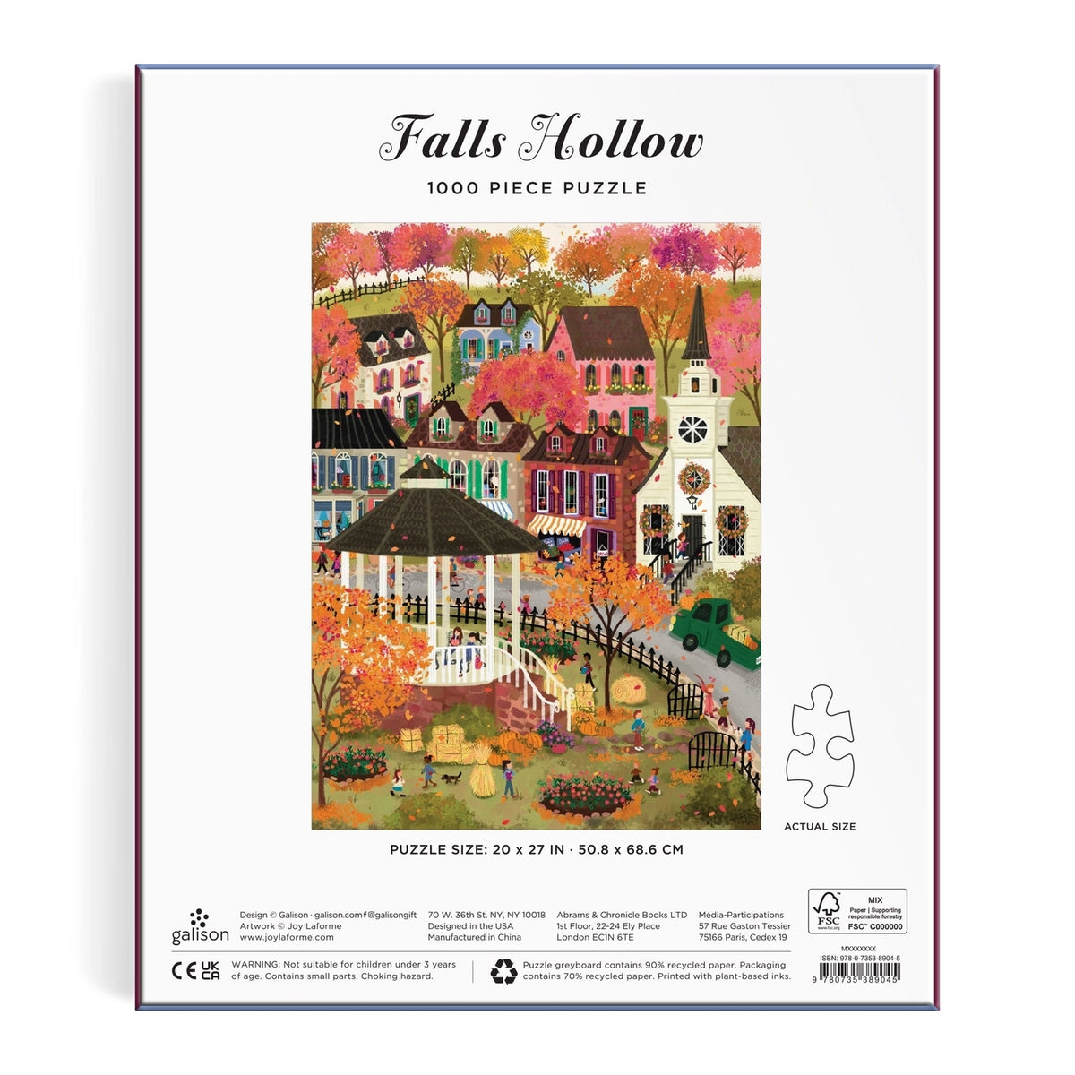 Galison Falls Hollow 1000 piece fall puzzle by Joy Laforme with New England autumn town
