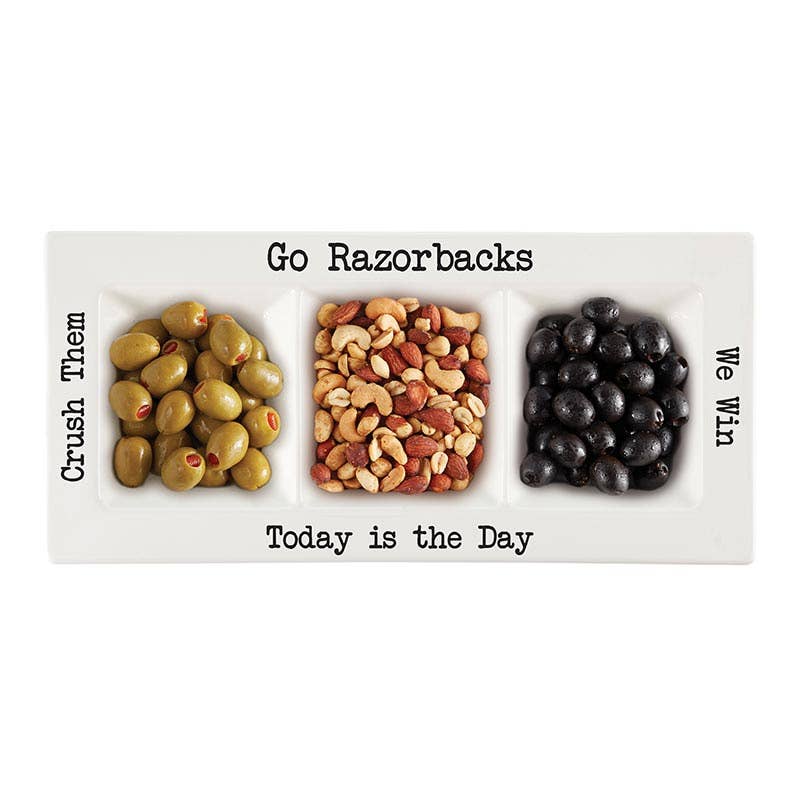 Razorbacks condiment platter filled with game-day snacks and toppings