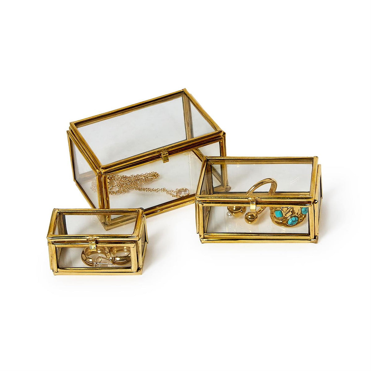 Brass & Glass Nesting Trinket Boxes | Decorative Keepsake Storage Set of 3