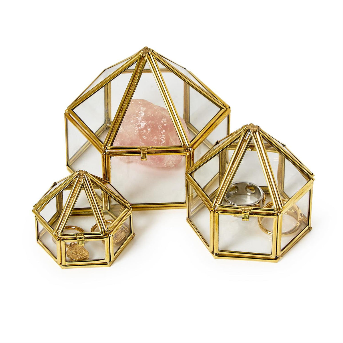 Brass & Glass Nesting Trinket Boxes | Decorative Keepsake Storage Set of 3