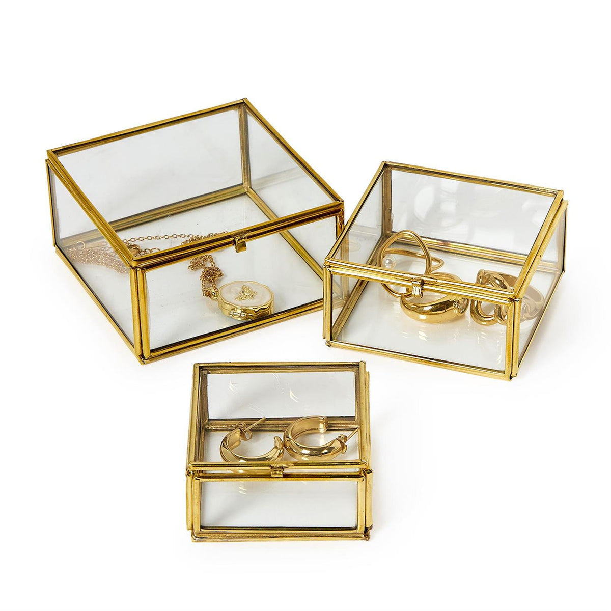 Brass & Glass Nesting Trinket Boxes | Decorative Keepsake Storage Set of 3