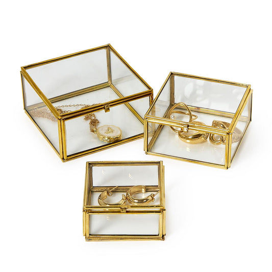 Brass & Glass Nesting Trinket Boxes | Decorative Keepsake Storage Set of 3