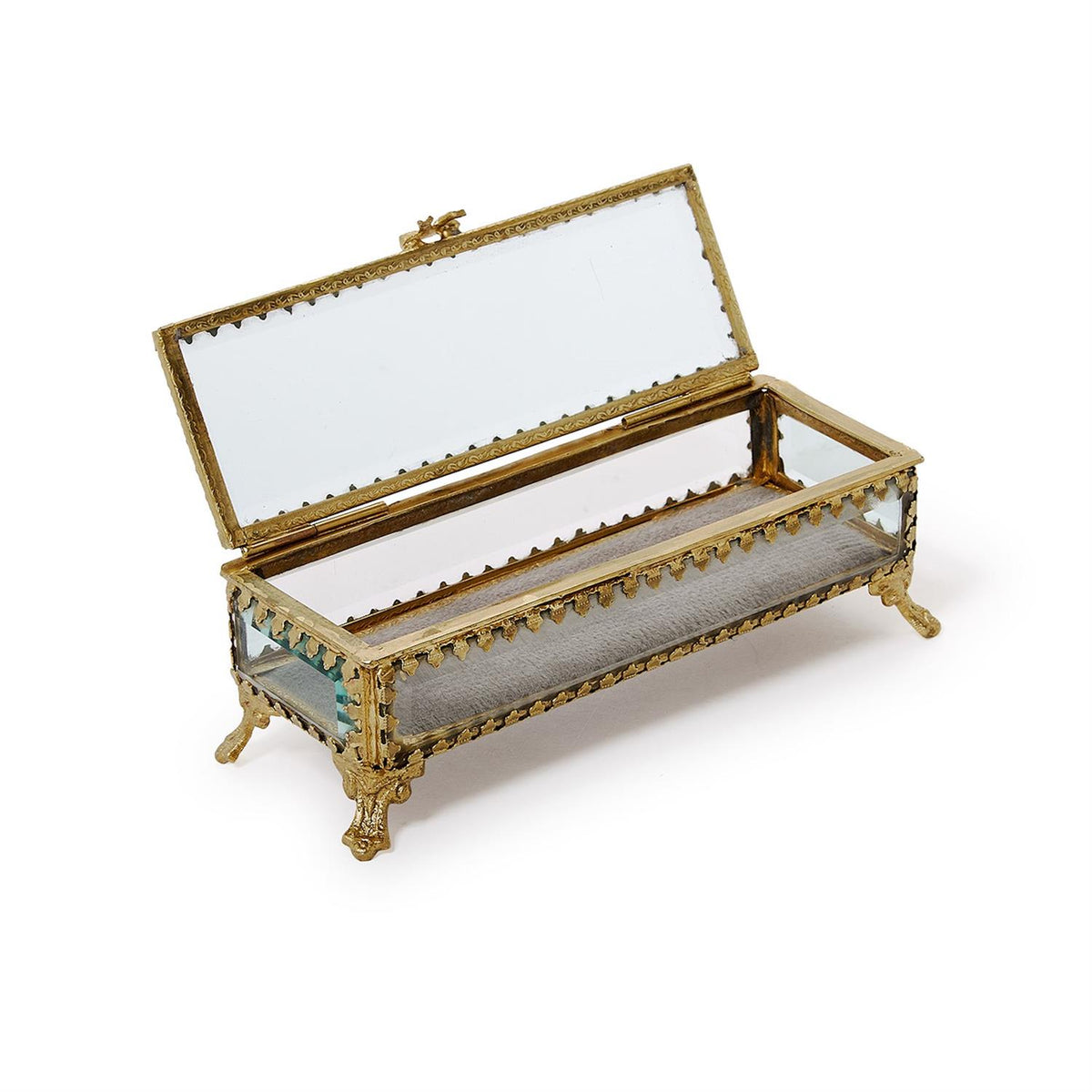 Vintage Glass & Brass Jewelry Box | Velvet-Lined Keepsake Box