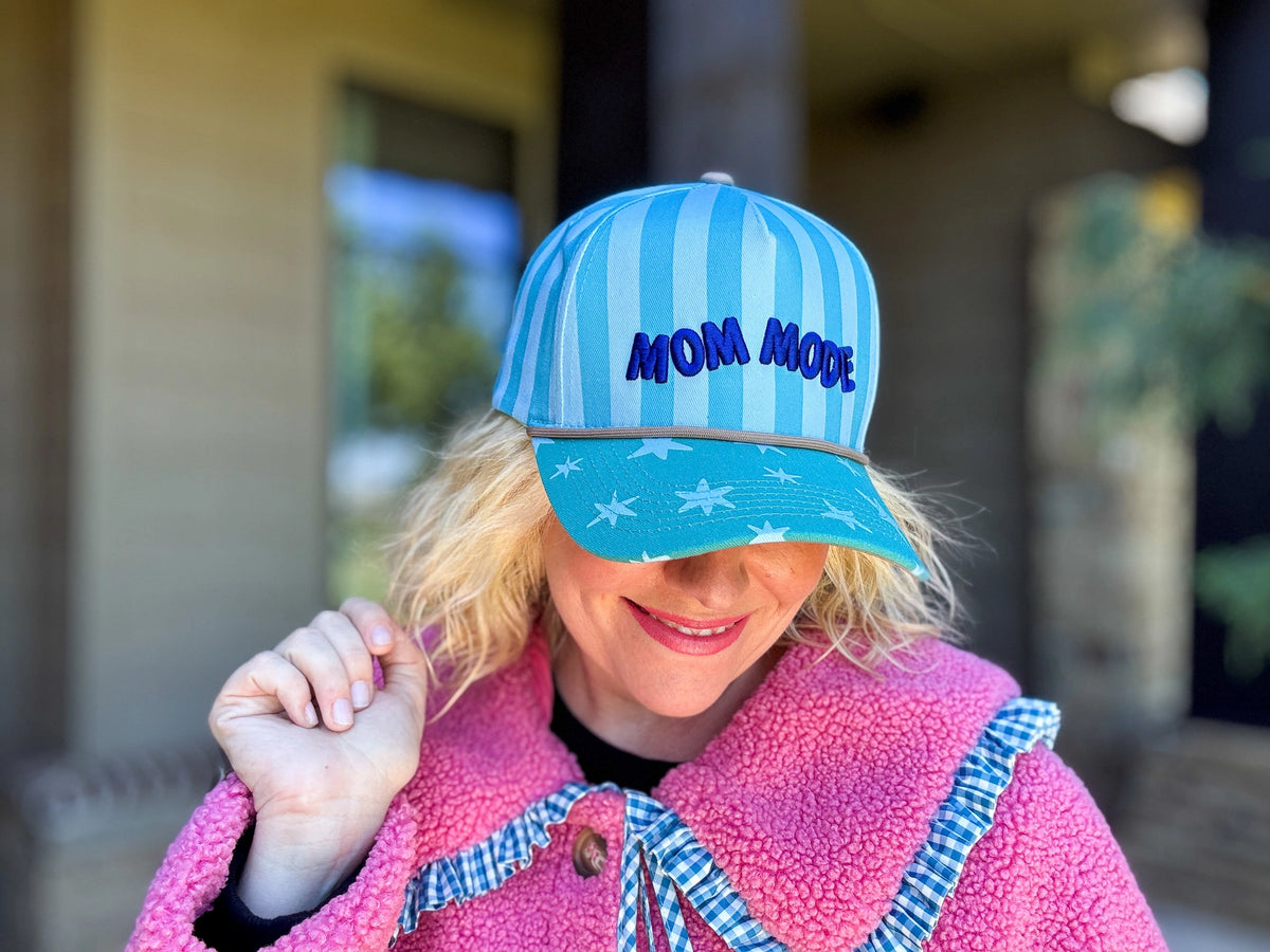Women's Mom Mode embroidered baseball hat with blue stripes and star print bill