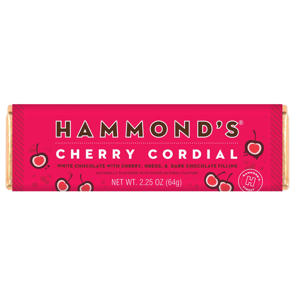 Hammond’s Cherry Cordial white chocolate candy bar with cherry Oreo pieces and dark chocolate filling