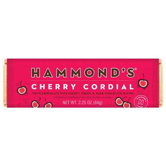 Hammond’s Cherry Cordial white chocolate candy bar with cherry Oreo pieces and dark chocolate filling