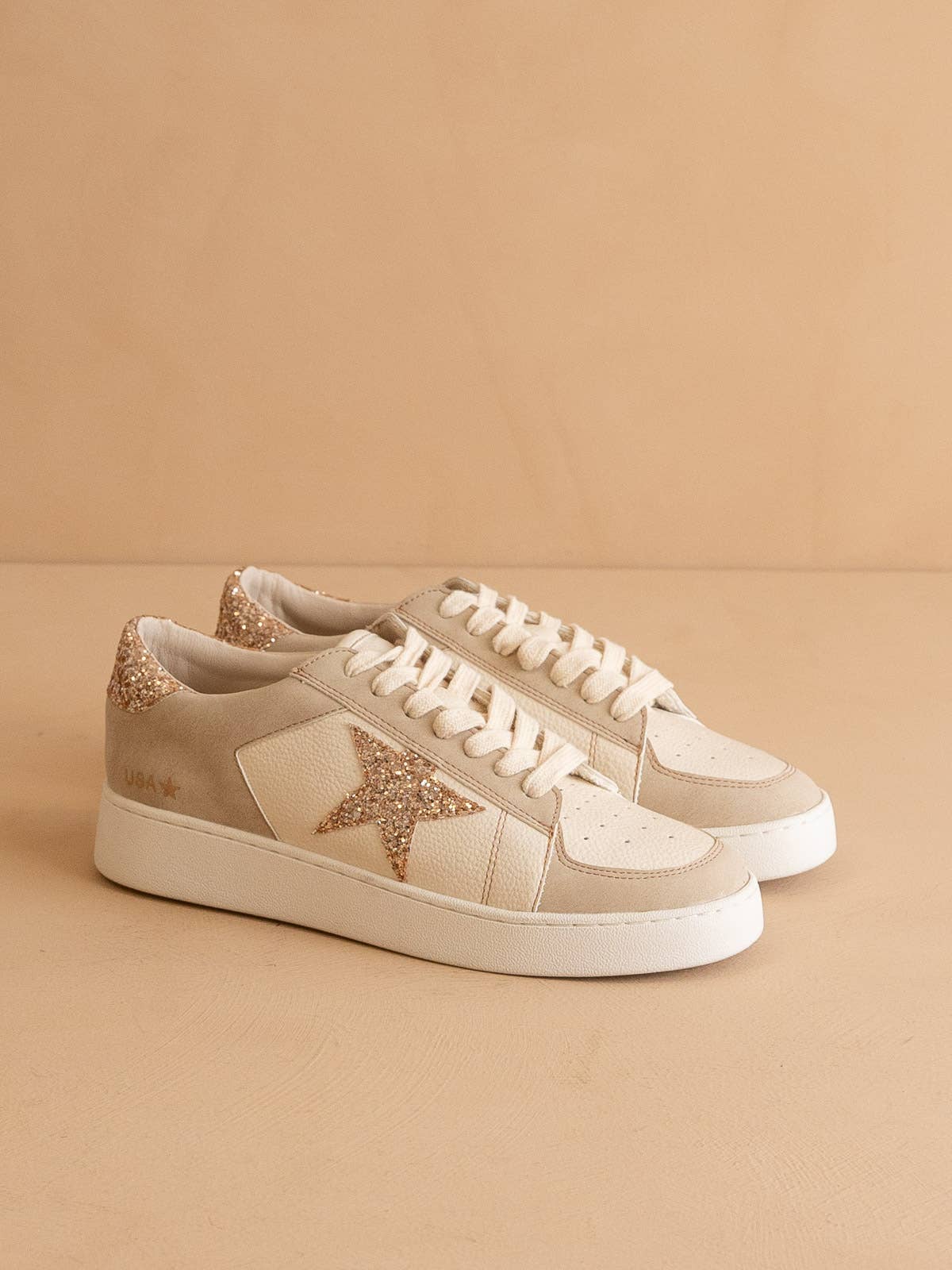 Golden Hour Star Sneakers | Women's Glitter Vegan Leather Low Top Sneakers