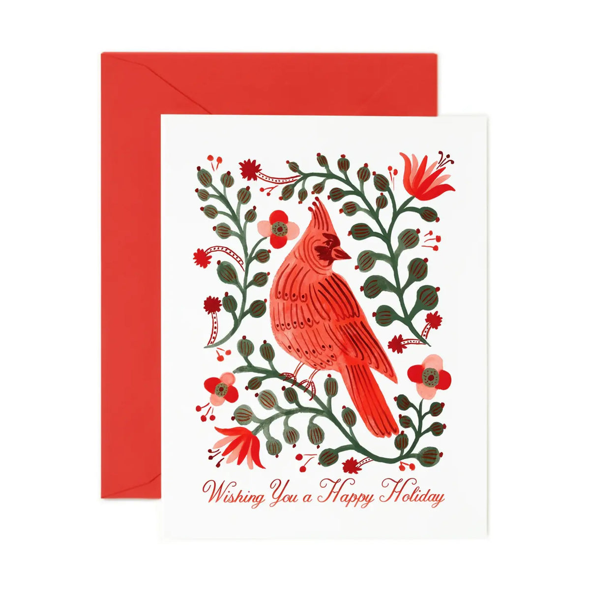 Rifle Paper Co. Holiday Cardinal Greeting Card featuring a red cardinal with festive flowers, Wishing You a Happy Holiday lettering, and red envelope.