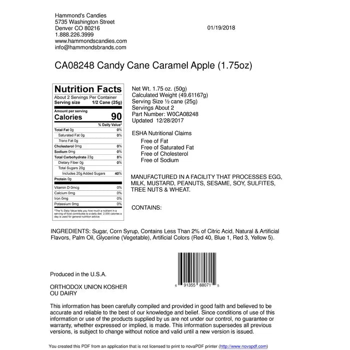 Hammond’s Caramel Apple Candy Cane nutrition facts ingredients and manufacturing information