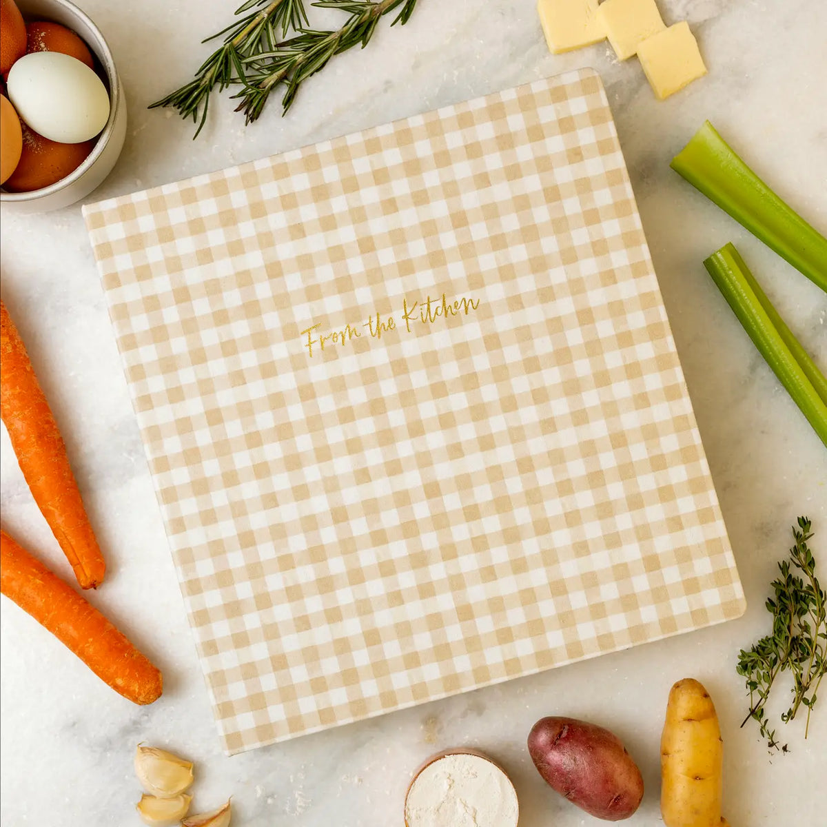 Beige gingham large recipe binder with gold From the Kitchen lettering