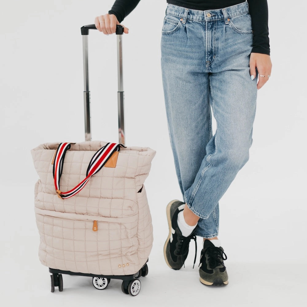 Tenley tan quilted rolling tote bag with removable trolley and wheels