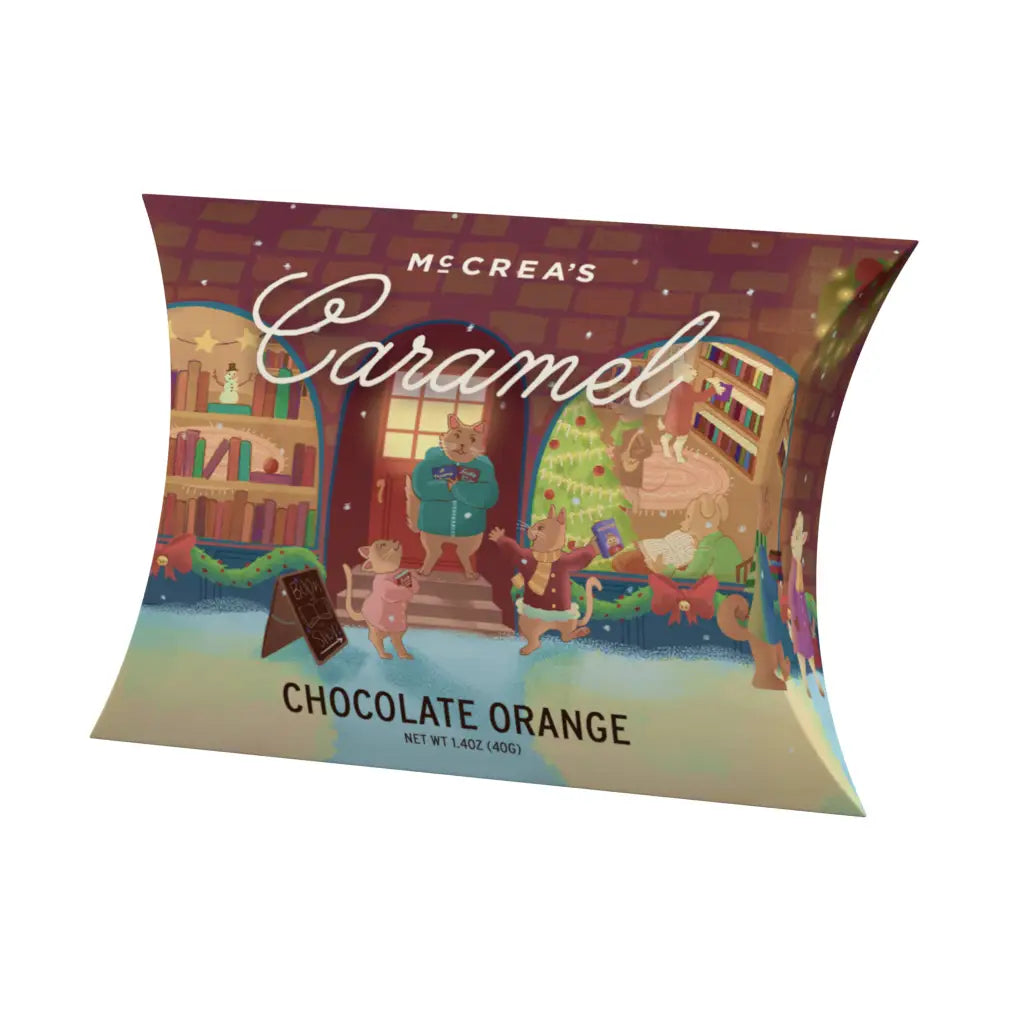 McCrea's Holiday Chocolate Orange gourmet caramels in limited edition 2026 Christmas pillow box