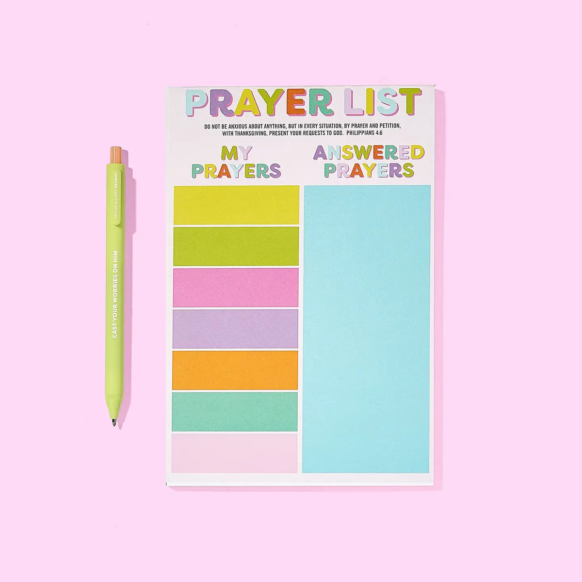 Taylor Elliott Designs Christian prayer list notepad with magnetic back and colorful prayer tracker beside faith pen
