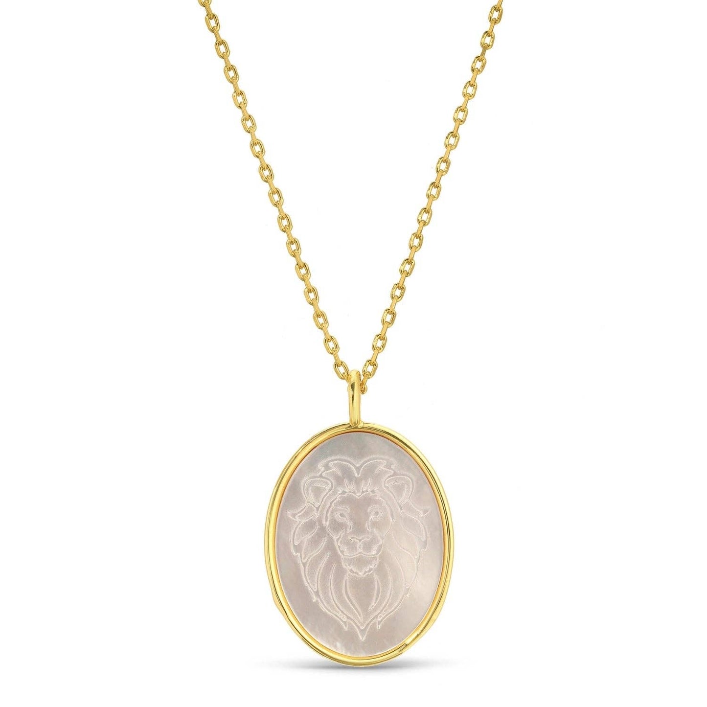 Lion Etched Shell Oval Pendant Necklace